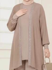 3 PiecesMinimalist Arab Style Women Set, Solid Color Jacket, Top And Pants - Apricot - View 4