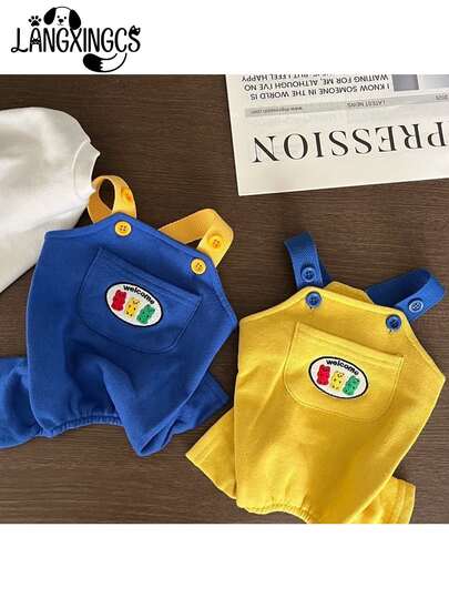  1pc LANGXINGCS Pet Suspender Pants, Cute Solid Color Dog Clothes, Pocket Bear Pattern Cat Clothes. Comfortable Soft Pet Jumpsuit, Suitable For Medium & Small Cats And Dogs
