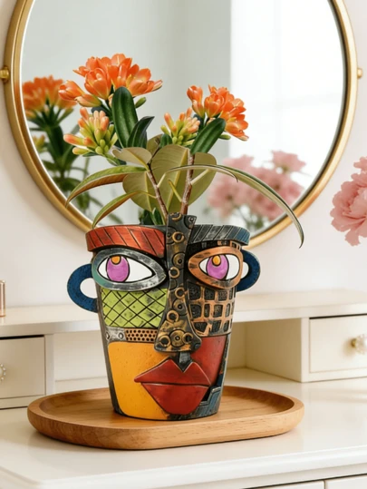 1pc Picasso-Inspired Multicolor Face Resin Vase - Bold Cubist Geometric Design With Vibrant Hues, Ideal For Living Room Shelves, Vanity Tables & Entryway Consoles. Adds Artistic Boho Vibes, A Popular Statement Decor For Eye-Catching Displays.
