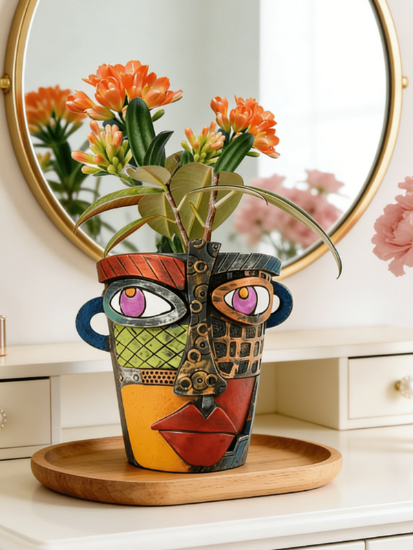 1pc Picasso-Inspired Multicolor Face Resin Vase - Bold Cubist Geometric Design With Vibrant Hues, Ideal For Living Room Shelves, Vanity Tables & Entryway Consoles. Adds Artistic Boho Vibes, A Popular Statement Decor For Eye-Catching Displays.