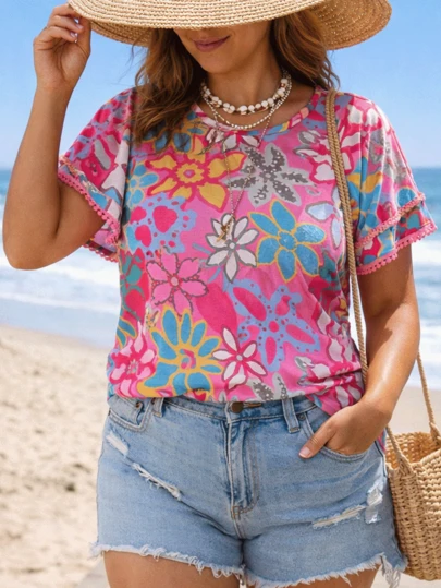 Plus Size Women Floral Print Vacation Ruffle Sleeve Casual Shirt Summer