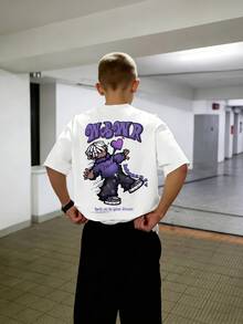 1pc Boys' Street Style Casual T-Shirt, Hiphop Cartoon Character & Letter Graffiti Print, Loose Round Neck Short Sleeve, Summer Tops - White - View 2