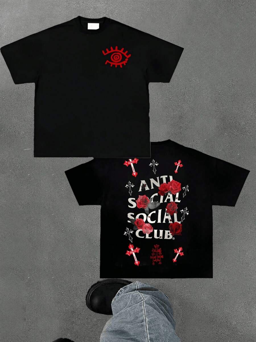 Men's Double Sided Graphic Eye And Roses Digital Printed Casual Daily Wear T Shirt Anti Social Club Gothic Style Short Sleeve Crew Neck Tee Comfortable 100% Cotton Sports Top - 黑色 - 查看 1