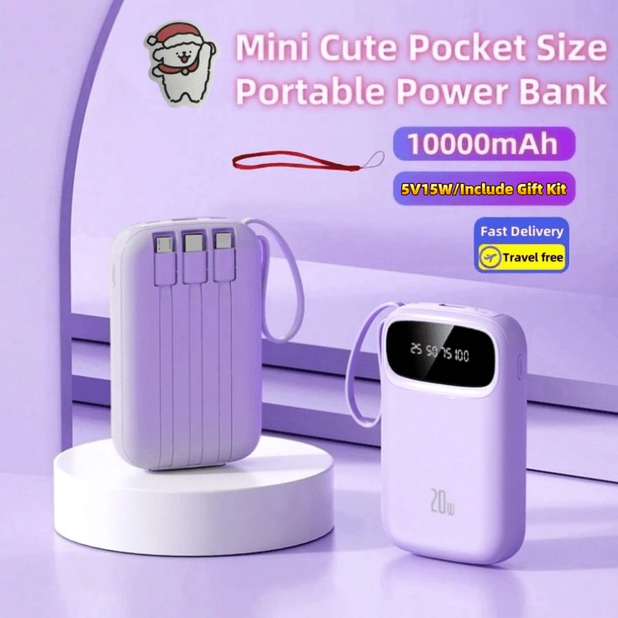 LADAPU Pin dự phòng sạc nhanh 10000mAh Mini Cute 5V2A, Bộ sạc điện thoại di động di động dung lượng lớn có thể sạc lại kích thước nhỏ, tích hợp 4 dây cáp, Màn hình kỹ thuật số thông minh, Giao diện Micro, Đầu ra & Đầu vào USB-C, Bộ pin du lịch ngoài trời Thích hợp cho Kỳ nghỉ hè Du lịch/Cắm trại ngoài trời và Nguồn điện dự phòng khẩn cấp Quà tặng cho Gia đình, Bạn bè, Màn hình hiển thị nguồn điện sinh nhật, Bộ sạc di động - Màu tím - Xem 1