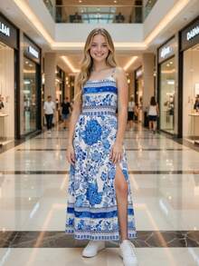 -Inspired Long Dress For Girls/Teens With Side Slit And Exclusive Boho Print | Open Back And Adjustable Tie | Flowing Skirt With A Light Drape And Elegant Movement | Ideal For Pre-Teen And Teen Girls Seeking Comfort And Style In A Single Piece | Perfect For Birthday Gifts, Children's Day, And Special Occasions | Long Printed Dress For Outings, Everyday Wear, Events, Parties, Weddings, And Graduations | Lightweight, Cool, And Comfortable Fabric | Design With A Defined Waist And Modern Slit That Enhances The Look | Available In Pink, Royal Blue, Brown, And Green | Sizes 10 To 16 | Versatile Piece For Casual Looks And Special Occasions With A Secure Fit And Excellent Finish - 寶藍色 - 查看 1
