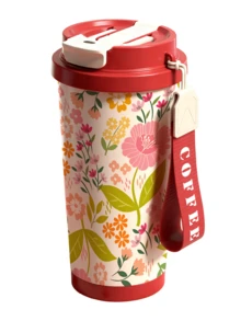 1pc/18oz Floral Insulated Coffee Mug With Handle, 24hrs Ice/12hrs Hot Leak-Proof Thermal Tumbler, Cream Color Travel Cup Suitable For Office, Commute And Outdoor Picnic, Great Gift For Women, Ladies And Students - Multicolor - View 12