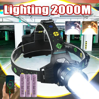 1pc Strong Light LED Headlight, White Light & Yellow Light, 5 Lighting Modes, Spotlight Long Range 2000M, Telescopic Zoom, Outdoor Safety Lighting Headlamp, Super Bright USB-C Rechargeable Head Flashlight, High Lumens Head Torch, 3*18650 Battery Powered, High-Power LED Head Light, For Camping, Fishing, Hiking, Hunting, Cycling, Mountaineering, Exploration, Emergency
