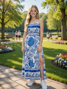 -Inspired Long Dress For Girls/Teens With Side Slit And Exclusive Boho Print | Open Back And Adjustable Tie | Flowing Skirt With A Light Drape And Elegant Movement | Ideal For Pre-Teen And Teen Girls Seeking Comfort And Style In A Single Piece | Perfect For Birthday Gifts, Children's Day, And Special Occasions | Long Printed Dress For Outings, Everyday Wear, Events, Parties, Weddings, And Graduations | Lightweight, Cool, And Comfortable Fabric | Design With A Defined Waist And Modern Slit That Enhances The Look | Available In Pink, Royal Blue, Brown, And Green | Sizes 10 To 16 | Versatile Piece For Casual Looks And Special Occasions With A Secure Fit And Excellent Finish - 寶藍色 - 查看 2