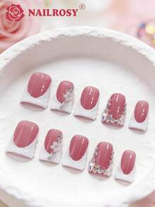 NAILROSY品牌10片装棺材形3D立体雕刻手工美甲贴纸，纯白、裸色、透明色可选，适合日常通勤，2026春季新品，奢华婚礼定制生日礼物，专业沙龙级手工制作，优雅设计，色彩靓丽，按压式美甲贴片 - 粉色 - 查看 2