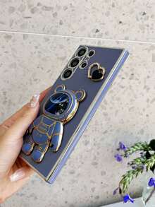 Astronaut Series Heart-Shaped Powder Compact, Electroplated Anti-Drop Phone Case + Electroplated Hidden Stand + Full Phone Case Set, Suitable For IPhone 11/12/13/14/15/16 Pro Max, S22/23/24+, A012345/654321, MOTO And Other Models - Blue - View 5