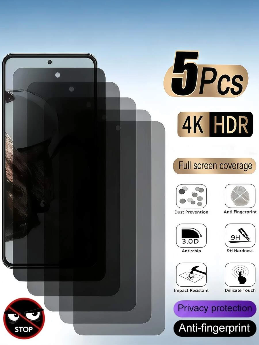 5片装隐私钢化玻璃膜防窥屏保护膜，兼容三星Galaxy S26 S25 S24 Ultra FE A57 A37 A56 A36 A17 A07 A16/小米15T 14T 13T Poco M6 M7 X7 Pro/ Note 14 13 Pro 4G 5G/ 17 Pro Max 16 15 14 Plus 13 12 11，9H硬度，防爆、防刮、防窥保护膜