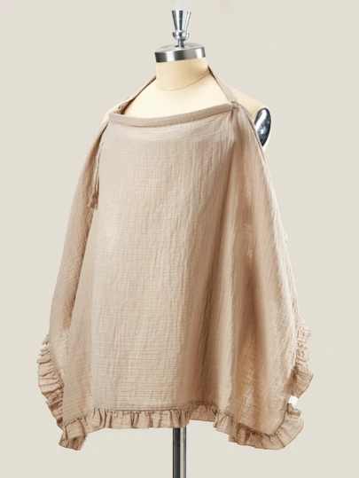 1件装 [Oeko-Tex] 亚麻色荷叶边全棉褶皱面料透气柔软哺乳罩，汽车座椅遮阳篷，透气哺乳巾，多功能婴儿推车遮阳篷