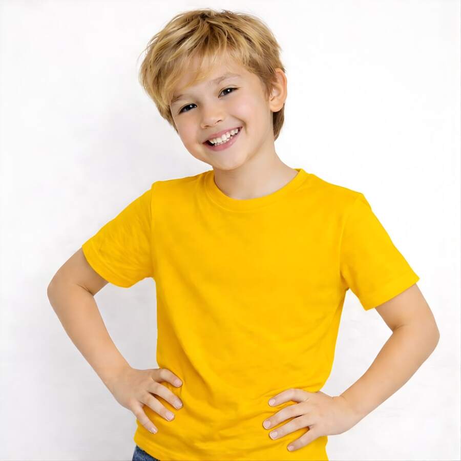 Basic Children's T-Shirt, 100% Cotton, Boys' Sizes 0 To 16. Lightweight And Cool For Everyday Wear, School, Outings, And Parties. - Egg Yolk Yellow - View 1
