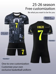 2pcs Set Fully Allover Print Black God Master Burning Flower Boys' Football Suit, Customized Name & Number Jersey, #7 Print Sports Player, Short Sleeve Shorts Set, Suitable For Boys Girls, Custom Football Kit 2026, Personalized Gift - Black - View 2