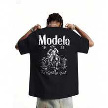 1pc Men's Modelo Graphic Print Crewneck Short Sleeve Tee - Stylish Casual Sports Top, Comfortable Loose Fit Urban Streetwear Shirt, Ideal For Daily Wear Travel Workout Weekend Hangouts Summer Outings, Versatile Fashion Basic For Men - 黑色 - 查看 13