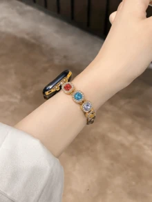 1 chiếc vòng tay nữ đính đá quý và pha lê nhiều màu sắc, dây kim loại tương thích với các cỡ dây 38/40/41/42/44/45/46/49mm Ultra/SE/Series 10/9/8/7/6/5/4/3/2/1 - Kim cương tròn màu vàng - Xem 3