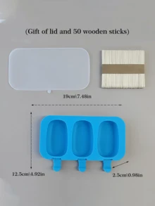 1pc 3-Cavity Oval Silicone Ice Pop Mold, DIY Ice Cream Popsicle Maker, Comes With Lid And 50pcs Wooden Sticks - Multicolor - View 11