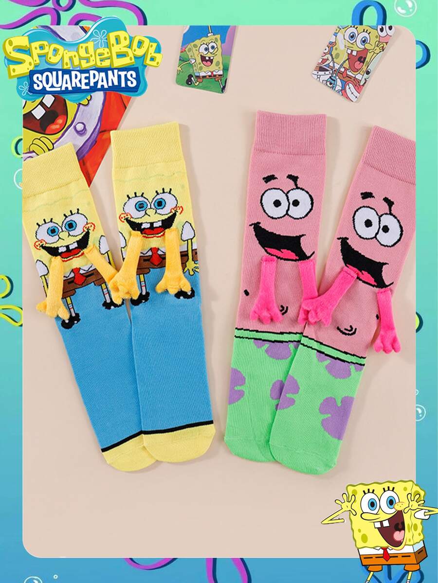 SpongeBob SquarePants Cartoon Unisex Couple Straight Mid-Calf Socks, In-Stock Magnetic Handholding DIY Anime Socks - Multicolor - View 1
