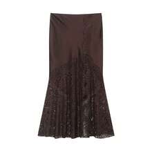 Mellowy Spring/Summer New Women's Fashion European And American Style Minimalist Mid-Waist Lace Trim Satin Skirt - Brown - View 5