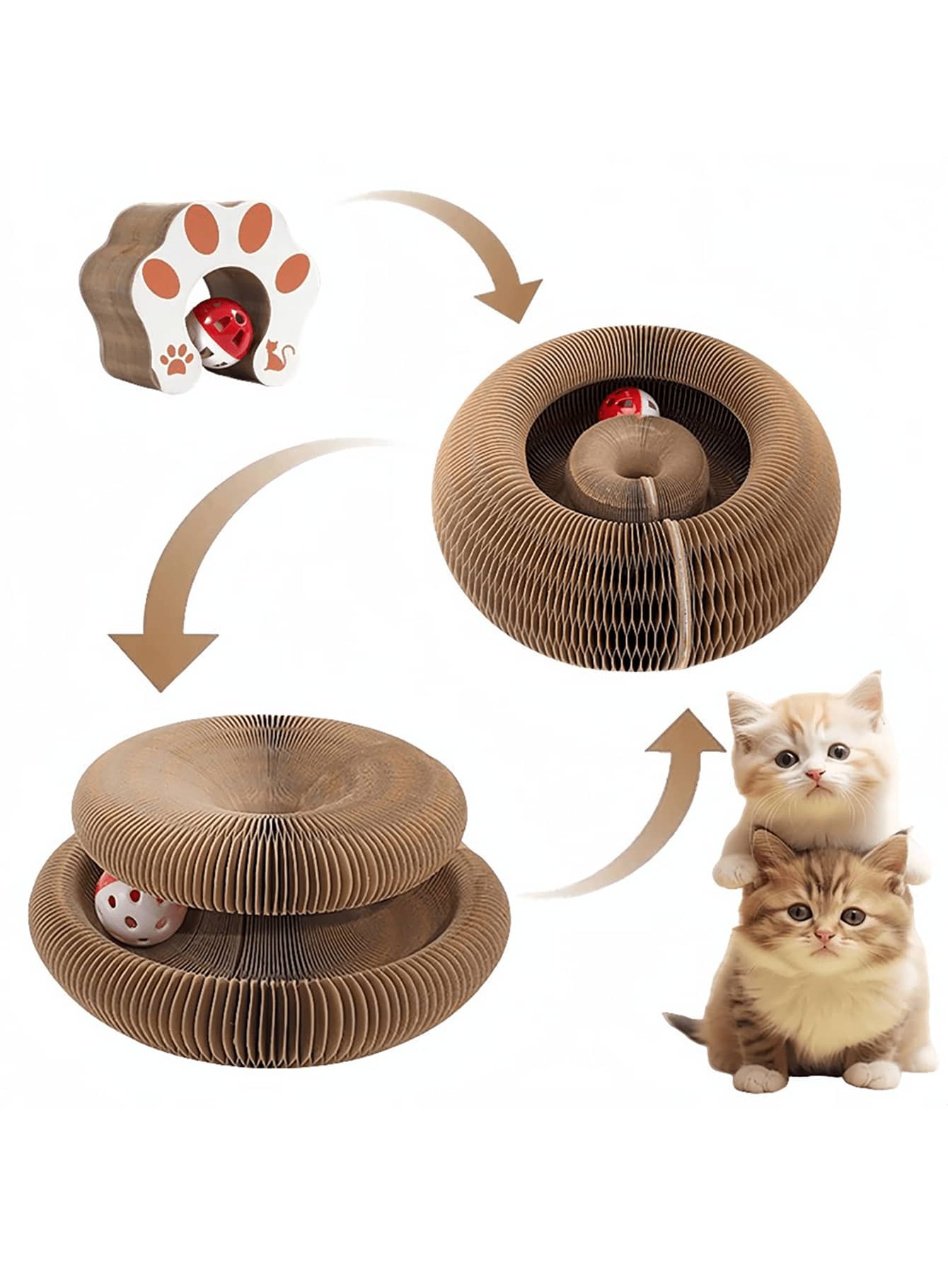 Accordion Wave-Shaped Cat Scratching Board, Foldable With Bells And Cat - Multi-Layer Cardboard Toy, Suitable For Indoor Cats, Durable Scratching Pad, Interactive Kitten Activity Center