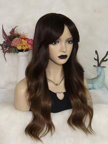 22英寸酷棕渐变长假发，带刘海，波浪卷发，耐热假发，打造日常迷人造型 - 棕色 - 查看 5