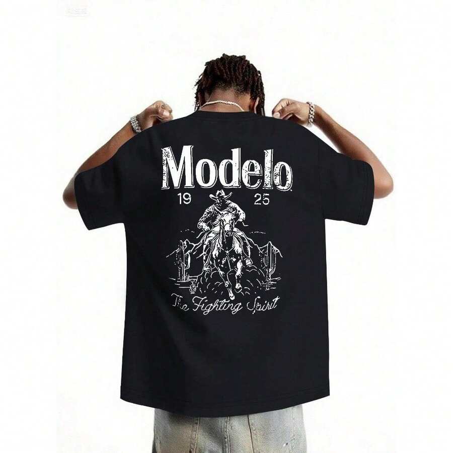 1pc Men's Modelo Graphic Print Crewneck Short Sleeve Tee - Stylish Casual Sports Top, Comfortable Loose Fit Urban Streetwear Shirt, Ideal For Daily Wear Travel Workout Weekend Hangouts Summer Outings, Versatile Fashion Basic For Men - 黑-1 - 查看 1