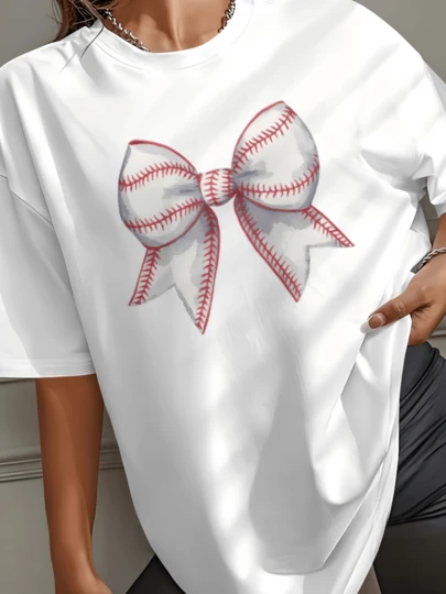 Blusa cómoda con estampado de lazo de béisbol, camiseta coqueta del día del juego de béisbol, camiseta de la temporada de béisbol, camiseta de fanática de béisbol, camiseta de cuello redondo con gráfico impreso para mamá deportiva