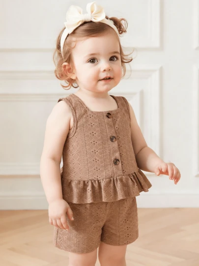 Baby Girls Summer New Sleeveless Button Back Hollow Out Bow Decor Ruffle Top + Casual Shorts