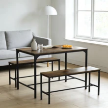 Juego De Mesa Con 2 Bancos Rústico, Mesa Con Marco De Metal Robusto, Fácil De Montar - Marrón - Ver 1