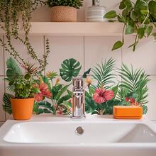 1 pieza Pegatina autoadhesiva con patrón tropical de flores y hojas, calcomanía de arte de pared de azulejos botánicos para baño - hojas verdes - Ver 6