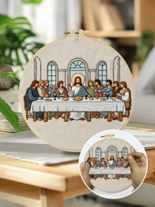 20x20厘米/7.9x7.9英寸刺绣套装，最后的晚餐图案，手工DIY刺绣套装，适合成人和初学者，包含绣布、说明书、绣绷和绣线，适合作为节日礼物、家居装饰和办公工艺品。 - A - 查看 9