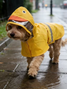 带帽防水狗狗雨衣，配有透明帽檐和反光条，可爱鸭子、青蛙、鲨鱼图案，适合户外散步和雨天穿着。 - 彩色 - 查看 4