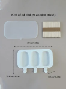 1pc 3-Cavity Oval Silicone Ice Pop Mold, DIY Ice Cream Popsicle Maker, Comes With Lid And 50pcs Wooden Sticks - Multicolor - View 14