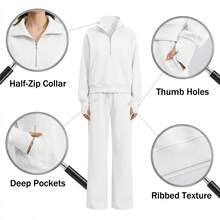 Women's 2 Piece Tracksuit Set - Half Zip Hoodie & Wide Leg Pants Loungewear With Pockets,Cozy 2 Piece Lounge Set - Sweatshirt & High Waisted Joggers For Home & Gym - 白色 - 查看 5