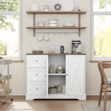 Aparador moderno de estilo rústico de 105 cm con cajones, estantes y puertas, estación de café de madera y armario de almacenamiento para cocina y comedor. - Blanco - Ver 10
