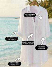 Saída De Praia Longa Feminina Kimono Longo Manga Comprida Roupas Femininas Pra Praia Bonitas Leves Frescas Blusão de Praia Camisão Linho Canga Com Botões Bolso na Frente Chique  Praia - Branco - Visão 3