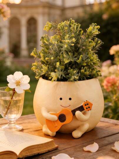 1pc Cute Guitar-Playing Character Resin Succulent Planter - Adorable Cartoon Plant Pot For Indoor & Outdoor Use, Perfect For Succulents, Cacti, And Small Greenery, Ideal For Garden, Patio, Balcony, And Desktop Decor, Durable Resin Material With A Playful Design, Adds A Whimsical Touch To Your Space, Great Gift For Plant Lovers And Music Enthusiasts