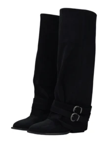 Women's Vintage Suede Knee High Boots Buckle Detail Slouchy Boots With Side Zipper For Spring Outfits - màu đen - Xem 2