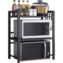 Expandable Microwave Shelf - 2/3Tier Oven Stand Countertop With 6 Hook, Microwave Stand Kitchen Organiser Storage, Height Width Adjustable Pantry Rack, Single Layer Counter Shelf - Black - View 3