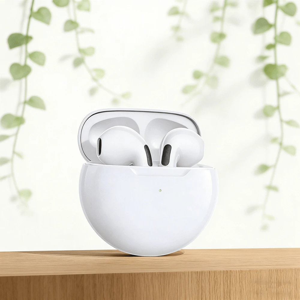 这款全新TWS真无线蓝牙耳机带麦克风9D立体声Pro6耳塞，适用于智能手机。