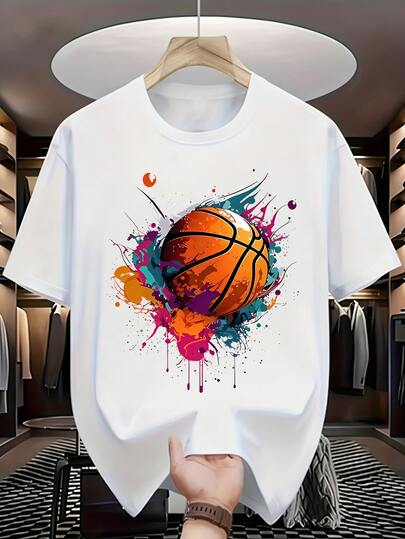 男童休闲圆领短袖T恤，创意篮球泼墨印花，街头时尚运动风上衣，透气百搭夏季童装