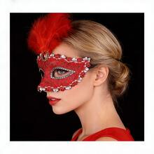 1个威尼斯半脸面具，蕾丝羽毛面具，适合化装舞会、狂欢节、情人节、派对等场合的神秘服装道具（包含人造羽毛） - 多色 - 查看 2