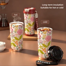 1pc/18oz Floral Insulated Coffee Mug With Handle, 24hrs Ice/12hrs Hot Leak-Proof Thermal Tumbler, Cream Color Travel Cup Suitable For Office, Commute And Outdoor Picnic, Great Gift For Women, Ladies And Students - Multicolor - View 8