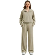 Women's 2 Piece Tracksuit Set - Half Zip Hoodie & Wide Leg Pants Loungewear With Pockets,Cozy 2 Piece Lounge Set - Sweatshirt & High Waisted Joggers For Home & Gym - 卡其色 - 查看 14