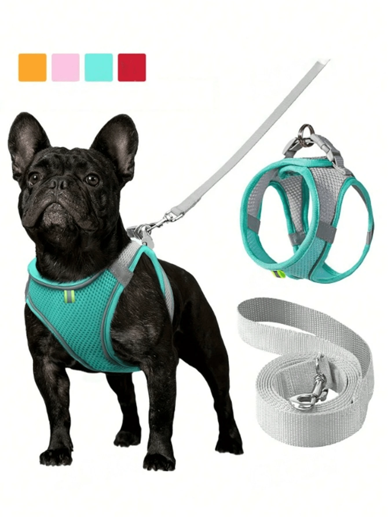 1 Set Correa y Arnés Reflectante para Gatos y Perros - Chaleco de Malla Transpirable con Correa de Nailon Acolchada, Adecuado para Razas Pequeñas a Medianas; Collar para Mascotas - Diseño Anti-Ahogo con Doble Argolla en D