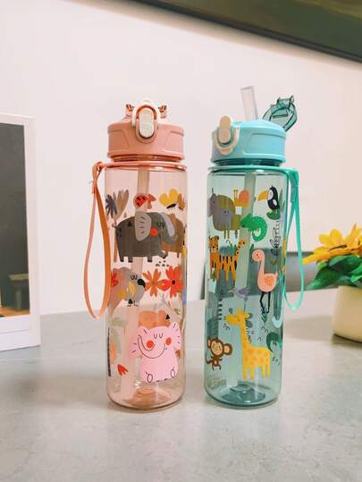 4 Colors Available! 1pc 750ml Lion, Unicorn Cartoon Water Bottle, Anti-Spill Straw Cup, Kindergarten Drinking Cup, Large Capacity Portable Leak-Proof Straw Bottle, Summer Sports Water Bottle