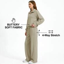 Women's 2 Piece Tracksuit Set - Half Zip Hoodie & Wide Leg Pants Loungewear With Pockets,Cozy 2 Piece Lounge Set - Sweatshirt & High Waisted Joggers For Home & Gym - 卡其色 - 查看 4