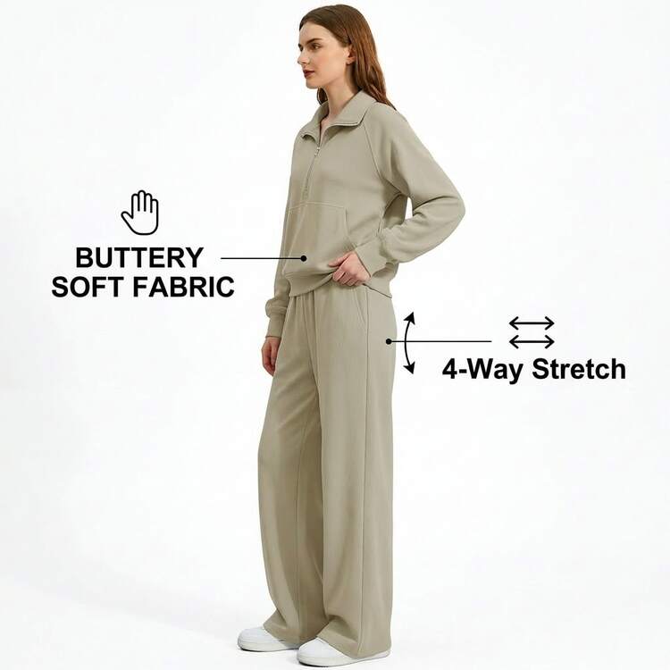 Women's 2 Piece Tracksuit Set - Half Zip Hoodie & Wide Leg Pants Loungewear With Pockets,Cozy 2 Piece Lounge Set - Sweatshirt & High Waisted Joggers For Home & Gym - 卡其色 - 查看 4