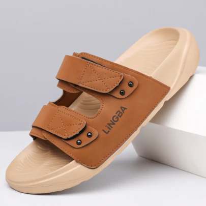 Men's Adjustable Strap Slide Sandals With Dual Hook-And-Loop Closures, Lightweight Comfort Sole For Casual Wear And Outdoor Use