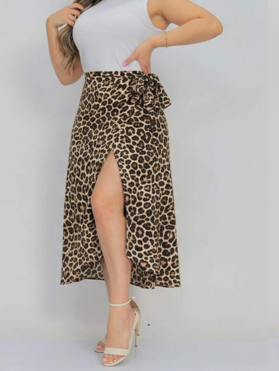 Women's Casual Asymmetrical Wrap Maxi Skirt With Leopard Print, No Stretch. - 盎司 - 查看 1